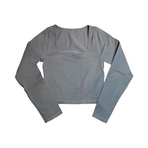 OQQ Women’s Athletic Taupe Square-Neck Long Sleeve Ribbed Top